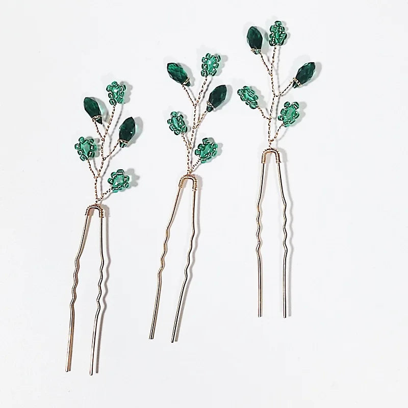 Green Color Rhinestone Hair Combs Bridal Hair Jewelry Leaf Hairpins Pearls Hairpins Bride Wedding Headdress Headband