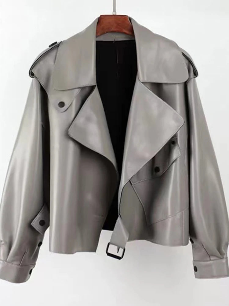 Women's Sheepskin Coat Plus Size Short Loose Veste Femme Large Lapel Pocket Gray/Dark Green/Pink/Khaki Locomotive Leather Jacket
