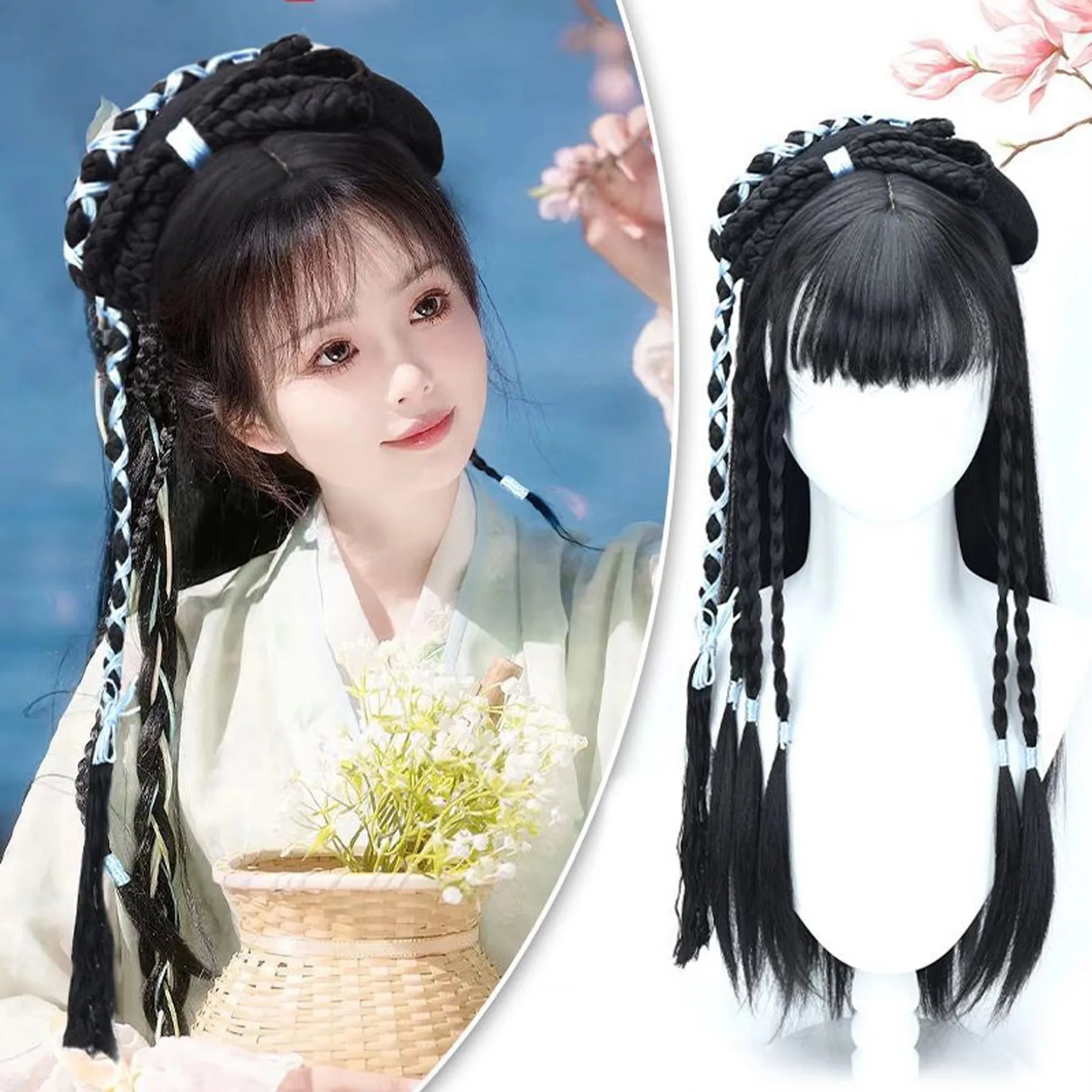 XIYUE Hanfu Wig Headband Women Chinese Style Synthetic Hair Piece Antique Modelling Cos Pad Hair Accessories Headdress Black