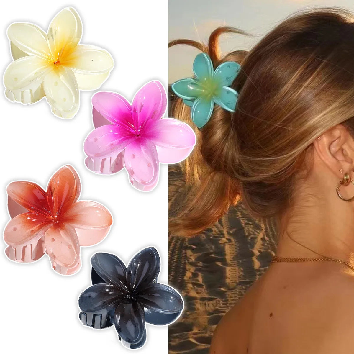 Women Fashion Summer Beach Flower Claw Clip Long Hair Shark Clip Girls Barrettes Ponytail Holder Gradient Color Hair Accessories