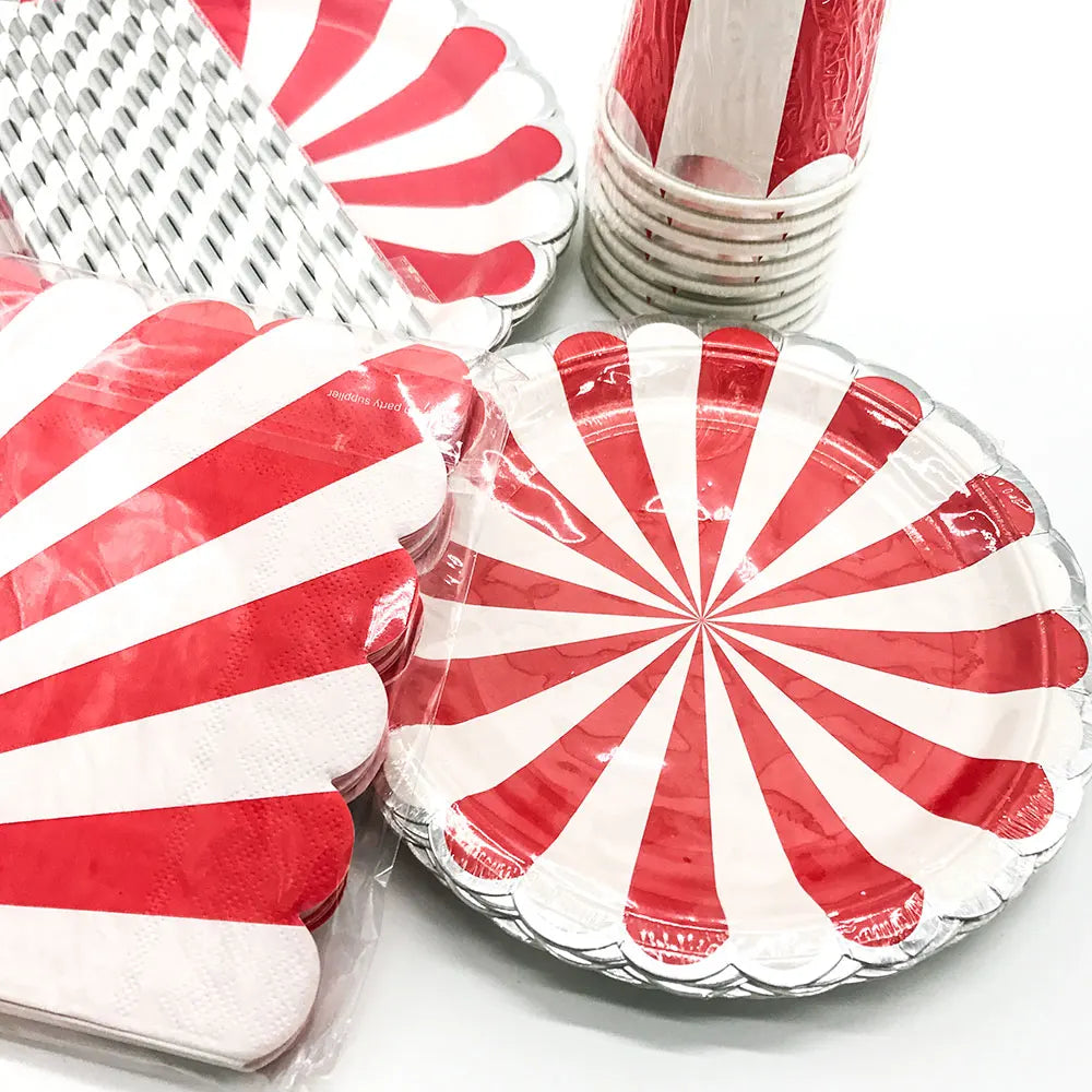 Red White Silver Striped Disposable Tableware Set Circus Birthday Party Decor Plates Cup Tablecloth Napkin Knives Forks Supplies