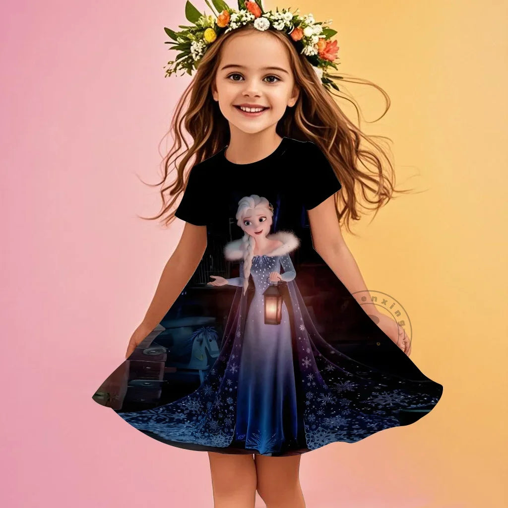 2025 Children Short-Sleeved Dress Cute Princess Series Elsa 3D Print Skirt Summer Baby Girl Clothes Original Brand Clothing