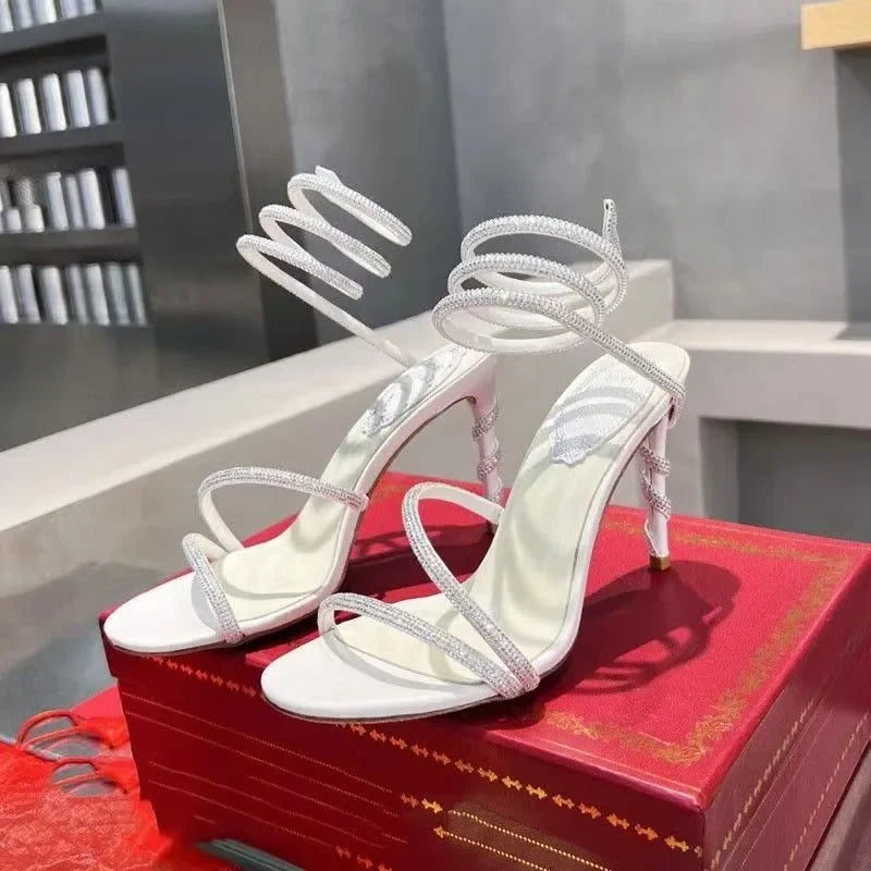 2025 New Luxury Women's Sandals Sexy Gold Rhinestone Snake Surrounding Crystal Contrast High Heels Banquet Wedding Shoes