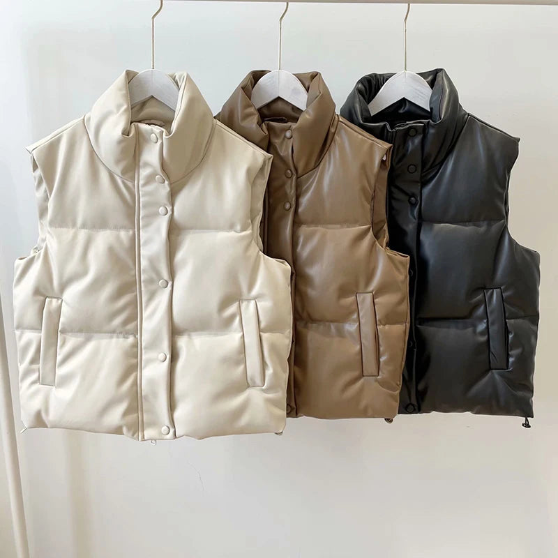 Real Leather Vest Women Winter Stand Collar Lambskin Sleeveless Jacket 90 White Goose Down Bread Clothing Simple Warm Down Coats