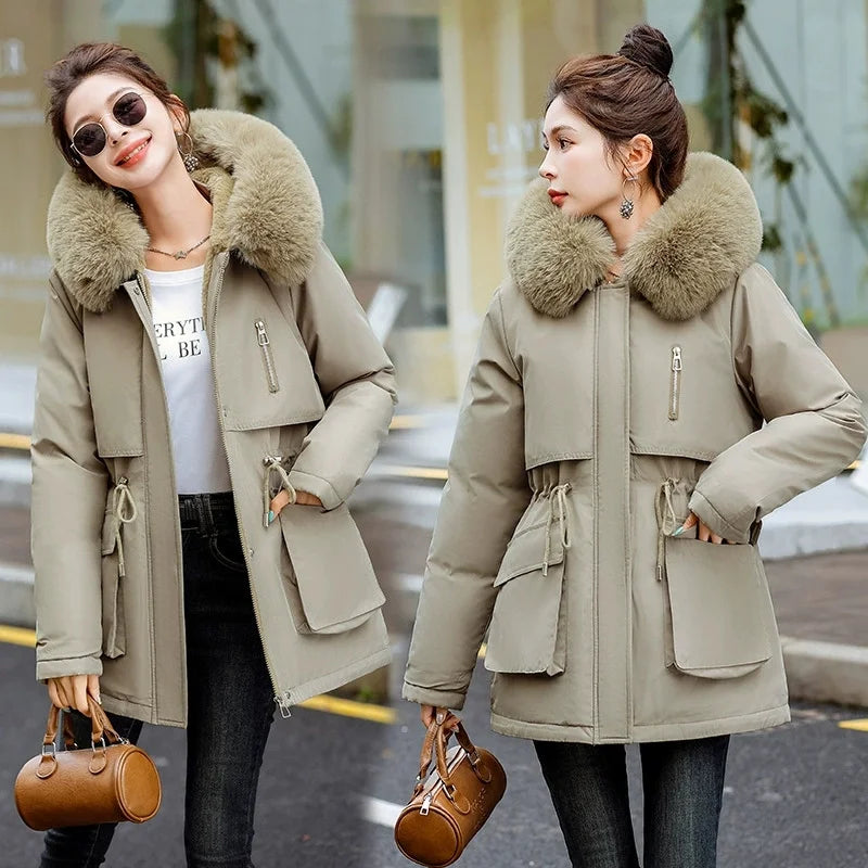 Women Parka Fashion Long Coat Plush Lining Hooded Parkas New Winter Jacket Slim with Fur Collar Warm Snow Wear Padded Clothes