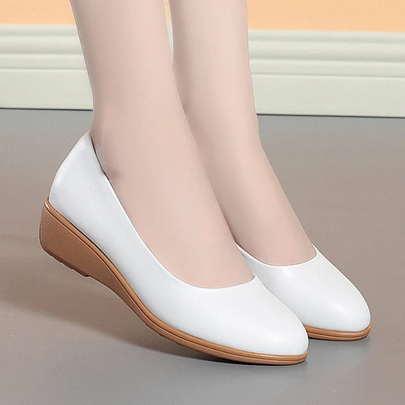 Classic White Soft Pu Leather Wedge Heel Shoes for Women Spring and Autumn New Comfortable and Versatile Work Shoes for Women