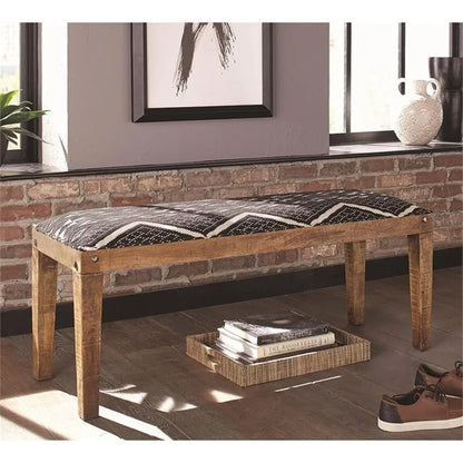 Contemporary Upholstered Wood Bench Natural Mango Fabric Indoor Seating Decorative Tufted Design Perfect Hallway Bedroom