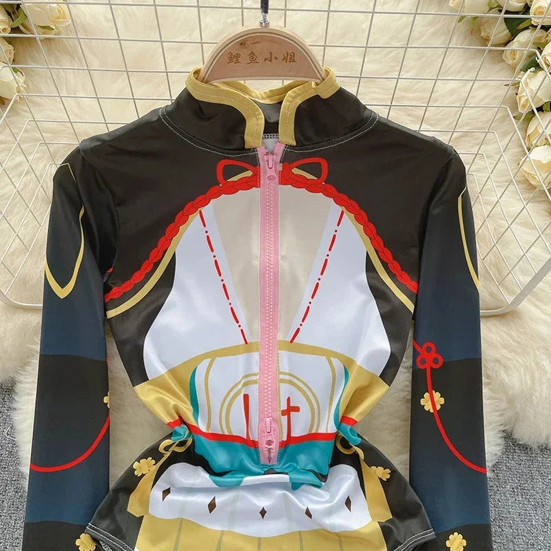 CosplayFermeture éclair mince à manches longues Bodycon érotique imprimé body femmes col montant Corset combishorts Lingerie bar