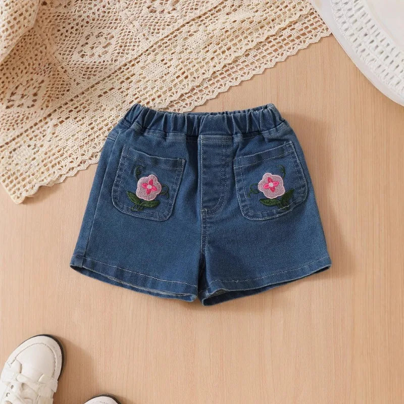 2025 Summer New Mesh Puffy Sleeve T-Shirt + Embroidered Denim Shorts 2 Piece Girl's Set
