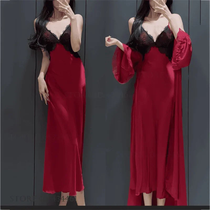 Sexy Women's Nighty&Robe Set Long Kimono Bathrobe Gown Spring Summer New Sleepwear Home Dress Satin Backless Nightgown Lingerie