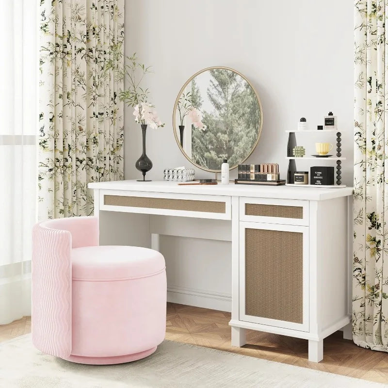 360° Swivel Accent Chair with Storage, Vanity Stool with Back,Velvet Storage Ottoman,Upholstered Round Barrel Vanity Chair(Pink)