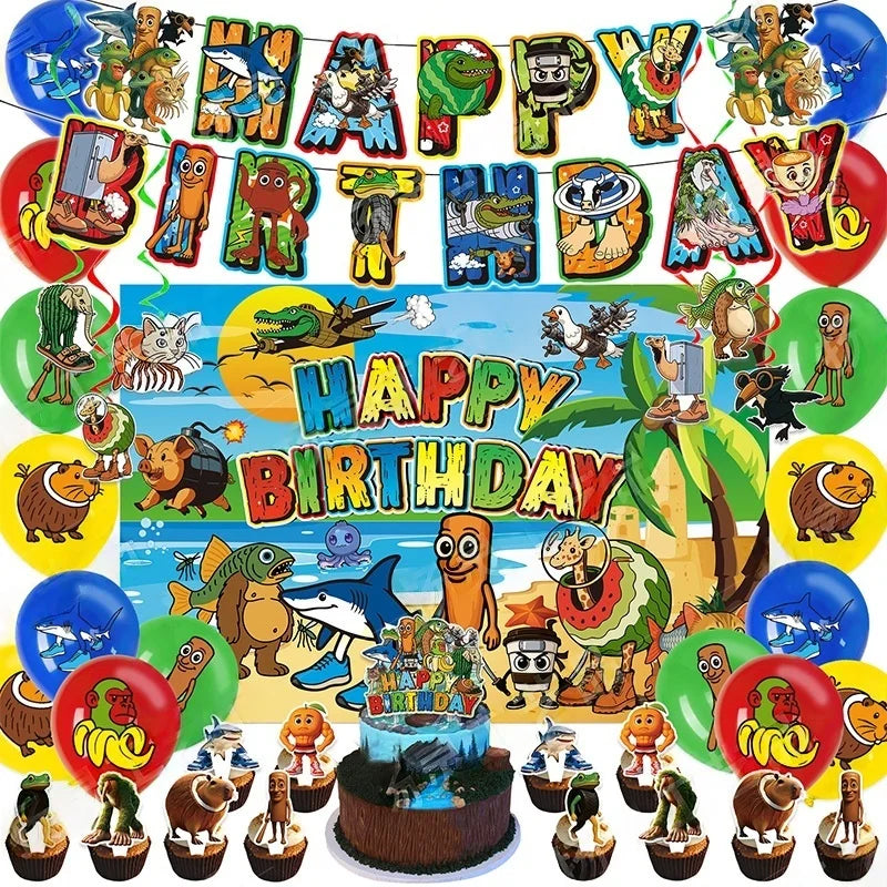 Tung Tung Sahur Birthday Party Decoration Tralalelo Tralala Banner Balloon Italian Brainrot Backdrop for Kids Baby Shower Supply