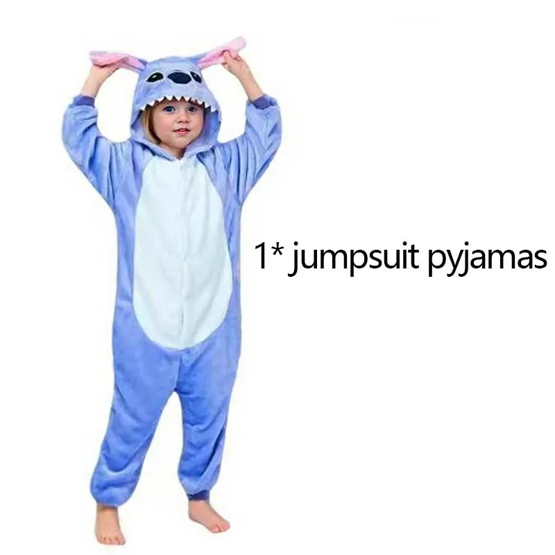 Stitch Jumpsuit Pajamas Set Kids Cartoon Cute Flannel Hooded Sleepwear Shoes Winter Warm Costume Boy Girl Pyjamas Christmas Gift