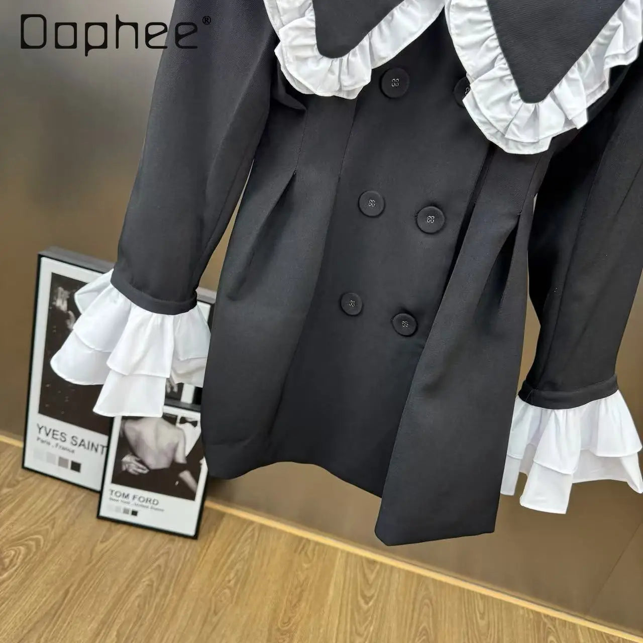 Autumn New Fashion Elegant Lapel Double-Breasted Ruffle Patchwork Blazer Women Korean Chic Trend Loose Slim Mid-Length Blazer