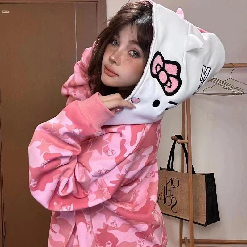 Miniso Cartoon Hello Kitty Hooded Zipper Sweater Kawaii Y2K Couple Cardigan Pure Cotton Camouflage Jacket Trendy Christmas Gift