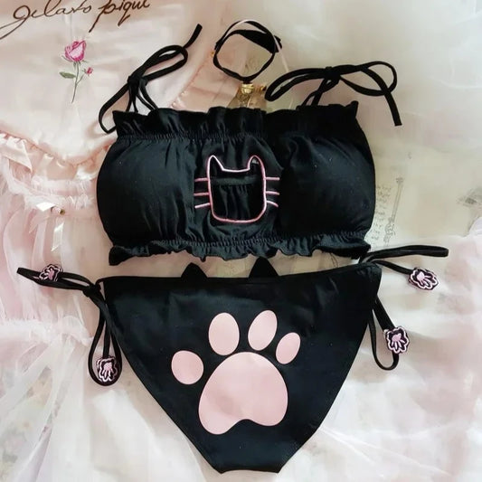 Japanese Anime Cat Girl Cosplay Bra Panties Set Women Sexy Lingerie Underwear Intimates Kawaii Lolita Hollow Out Cute Nightwear