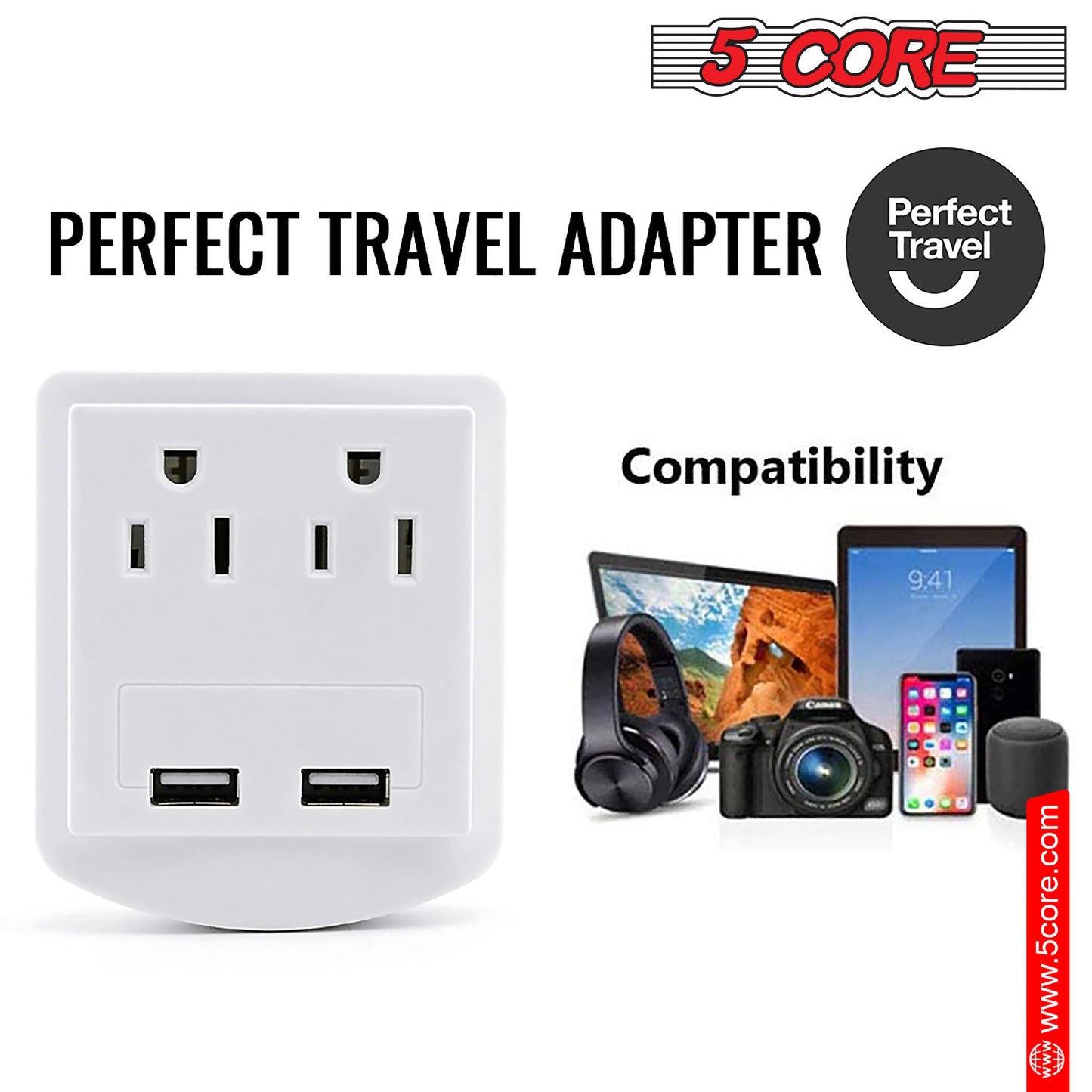 5 Core Travel Plug Adapter European International Power Plug w/ 2 USB,