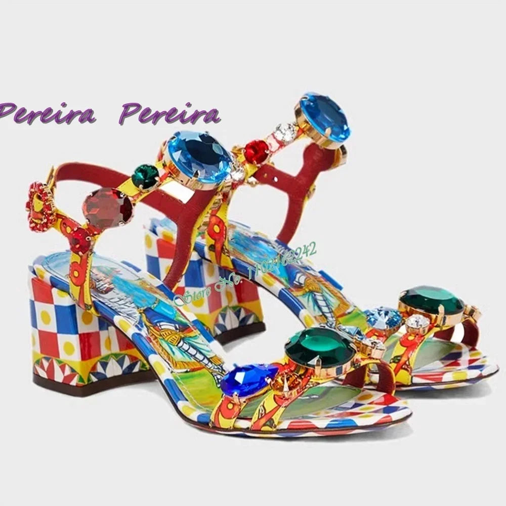 Classic Colorful Gemstone Sandals Crystal Open Toe Chunky Heel Buckle Strap High Heel Flower Designer Women Dress Party Shoes