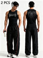 Men Gothic Style 2Pcs Outfit Graphic Sleeveless Tank Top Side Striped Loose Trousers Gym Street Casual Tracksuit