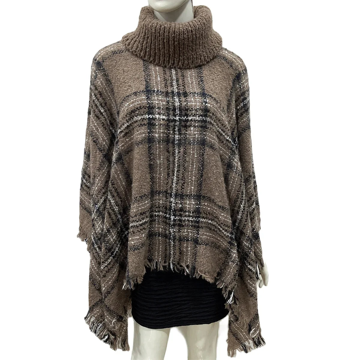 New Women Autumn Winter Striped Knitted Poncho Shawl Sweater Overcoat Streetwear Thick Warm High Neck Loose Knitwear Long Coat