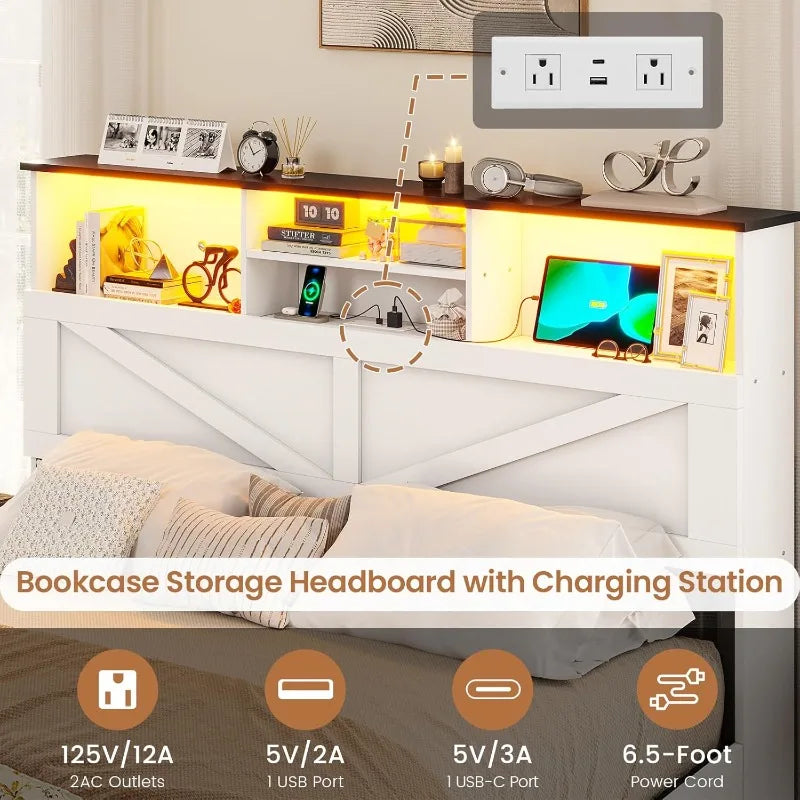VIAGDO Farmhouse Bed Frame Queen Size with Bookcase Storage Headboard, Charging Station and LED Lights, Wooden Queen Bed Frame