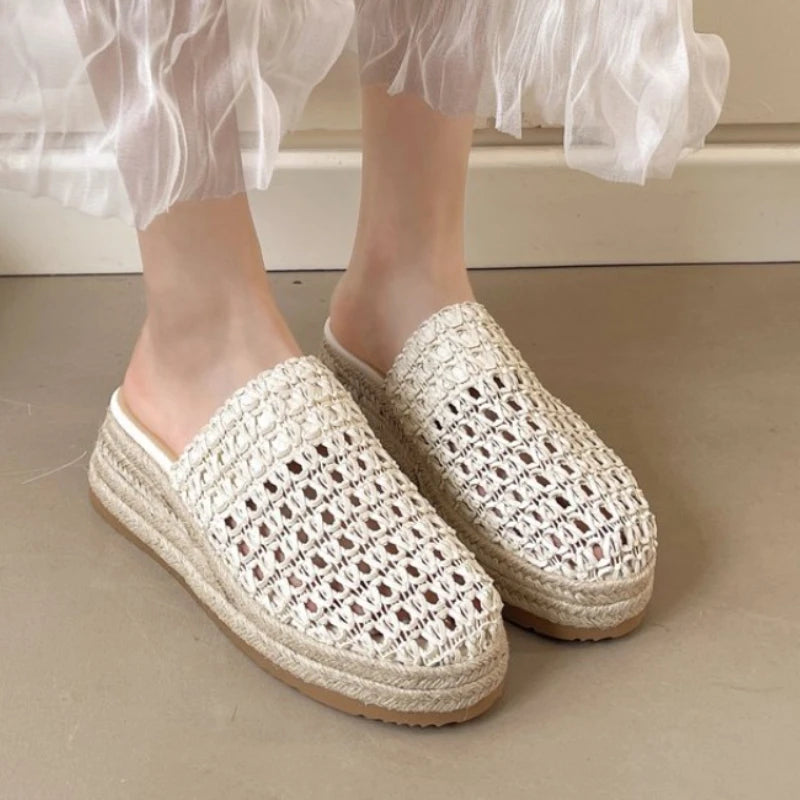 Women Platform Mules Slippers Weave Summer Mesh Shoes Casual Slingback Sandals New 2025 Fashion Hollow Woman Flip Flops Zapatos