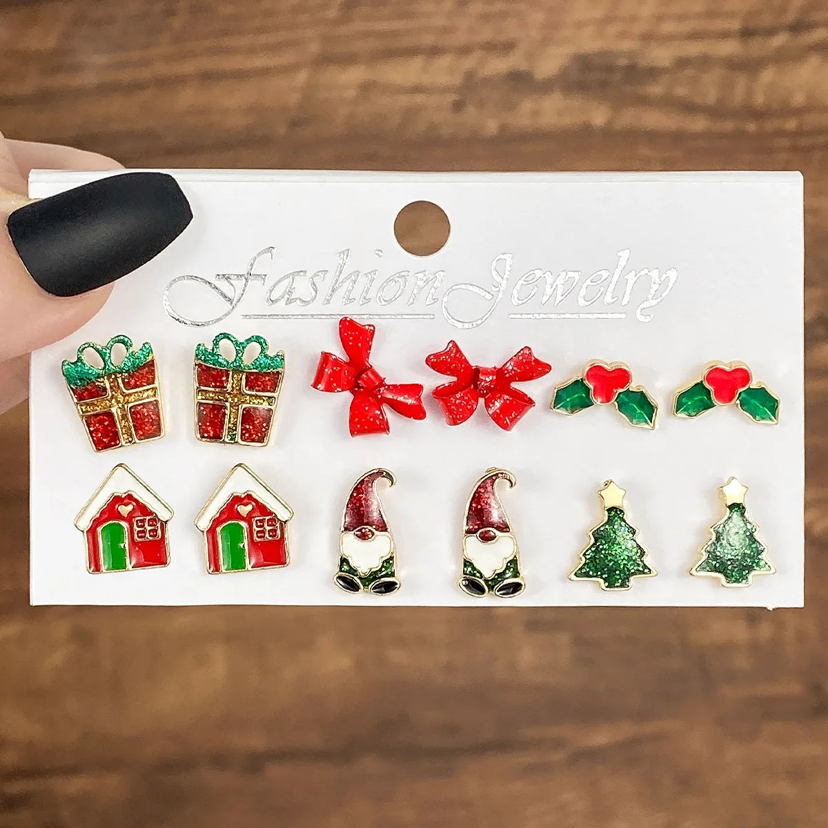 6 Pairs New Christmas Set Cross border Hot Selling Cartoon Dripping Oil Elk Santa Claus Christmas Tree Earrings for Women