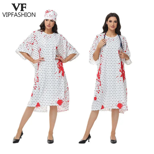 VIP FASHION Bloody Doctor Nurse Cosplay Costume Adult Halloween Party Outfit with Hat Short Sleeved Apron Stage Performance Suit