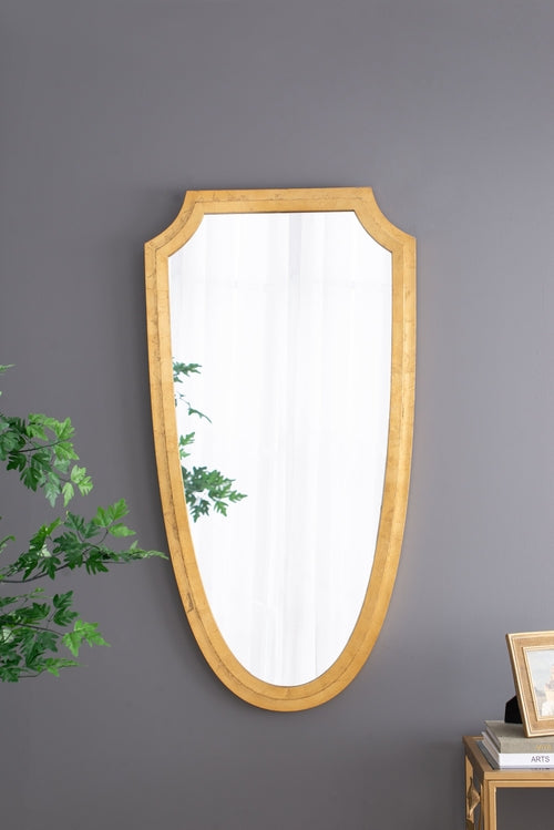 Shield-Shaped Gold Metal Frame Wall Mirror, 24 × 46 in