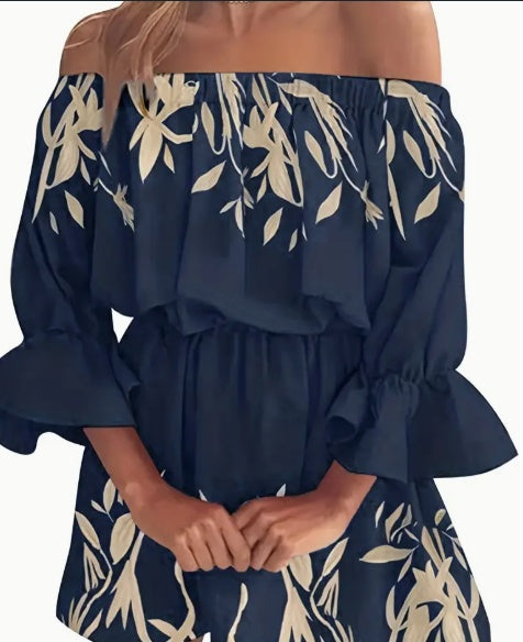Boho Leaf Graphic Print Off Shoulder Dress, Sexy Backless Ruffle