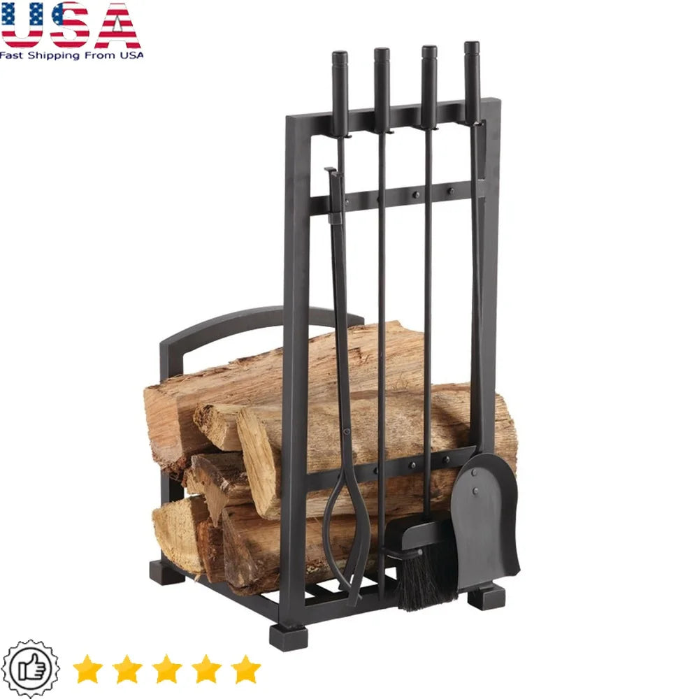 Steel Log Rack with 4 Piece Toolset Fireplace Accessories Black Powder Coat Finish Includes Poker Shovel Brush Tongs Heavy Duty