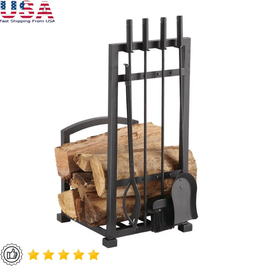 Steel Log Rack with 4 Piece Toolset Fireplace Accessories Black Powder Coat Finish Includes Poker Shovel Brush Tongs Heavy Duty