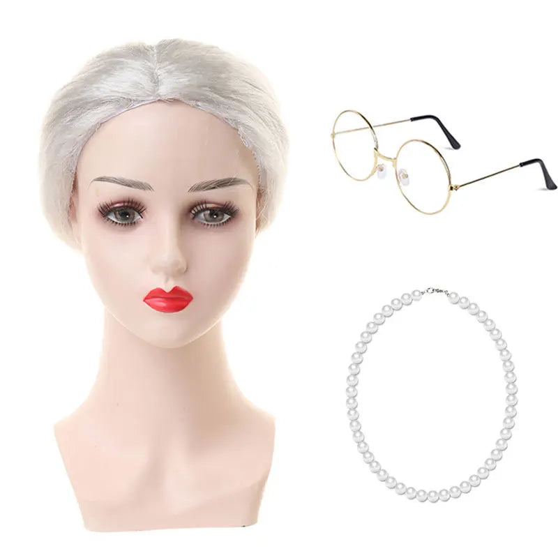 Granny Wig Cos Halloween Granny Curly Hair Charterer Stage Show Wig Cover Props