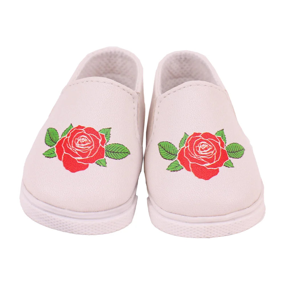7Cm length Doll Shoes For 18 inch Girls American & 43Cm Baby New Born Doll Clothes Accessories Flowers/Bows Stamp Canvas Shoes