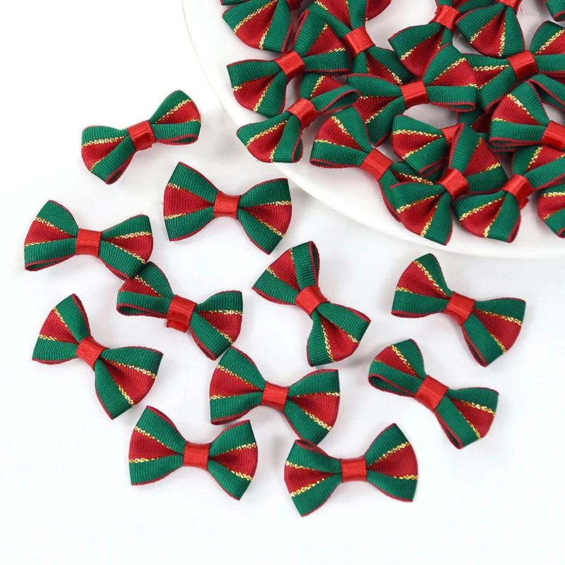 30Pcs Christmas Mini Bow Knot Xmas Tree Ornaments DIY Wreath Craft Girls Hair Accessories 2025 New Year Gift Wrapping Decoration