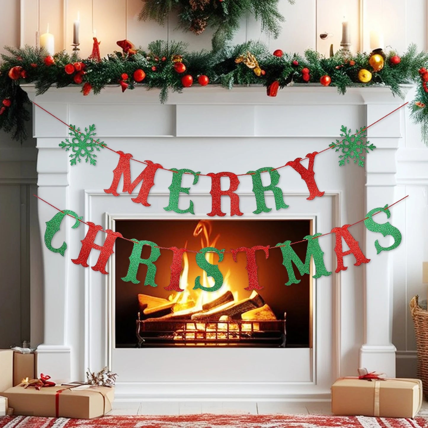 Red and Green Merry Christmas Banner Merry Christmas Sign Garland, Christmas Party Banner Merry Xmas Banner for Christmas Party