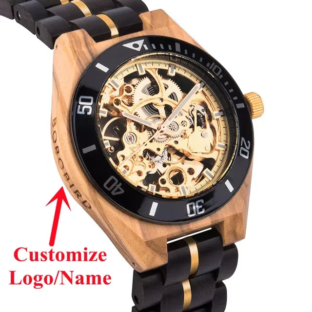 Wooden Automatic Mechanical Watch Men Wristwatch BOBO BIRD Top Fashion Luminous Hands Clock Custom Gift Box Relogio Masculino