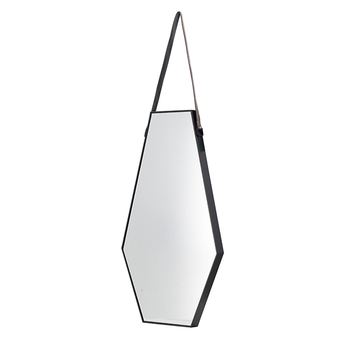 Black & Silver Hexagon Wall Mirror with Leather Hanging Strap, 18 ×