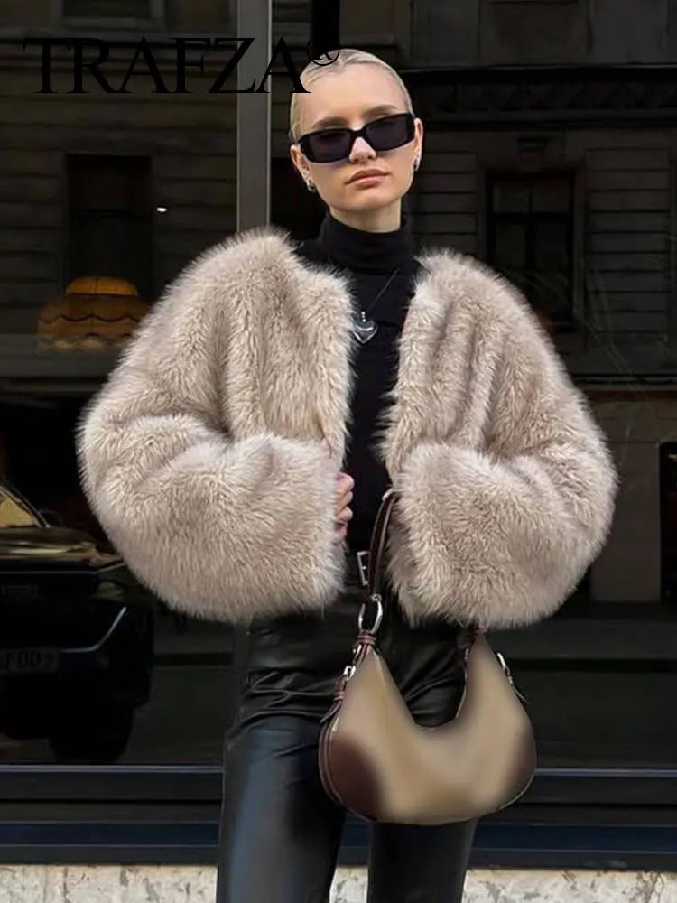 TRAFZA Women Fashion Solid Faux Fur Coat O Neck Long Sleeve Cropped Jacket Autumn Winter Female Fashion High Street Outerwear