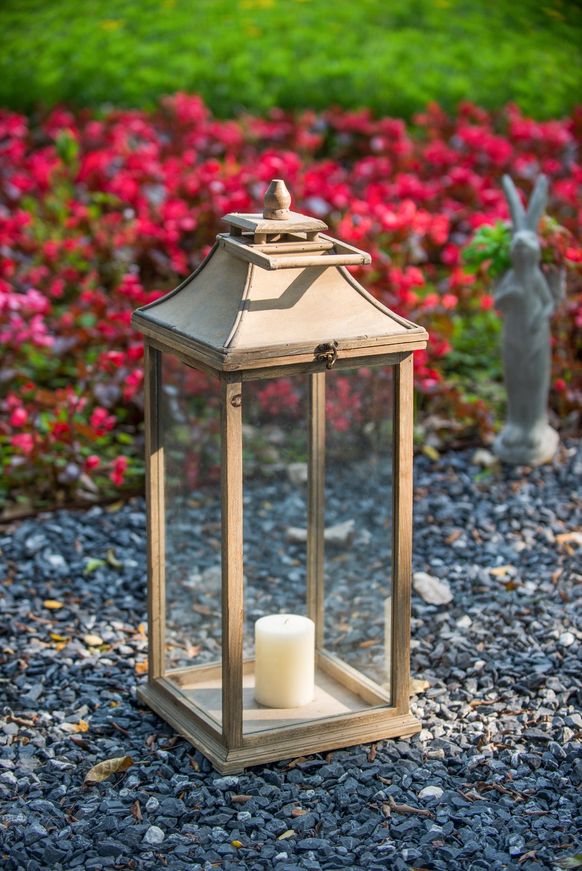 Set of 2 Ivory Wood & Glass Candle Lanterns