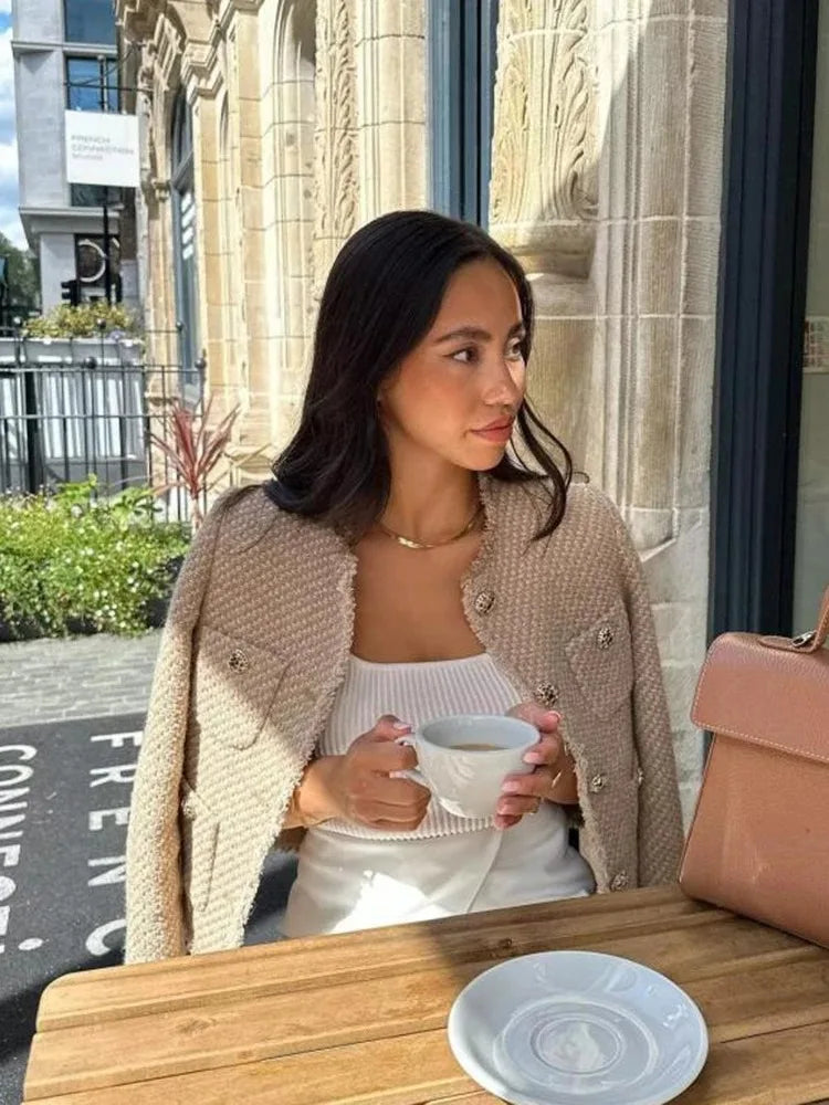 Women Elegant Tweed Cropped Jacket Autumn Button Frayed Long Sleeve Jackets 2024 Female Fashion O-neck Pocket Short Coats