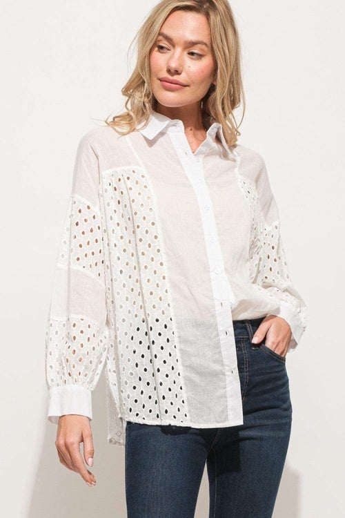And The Why Eyelet Long Sleeve Button Down Shirt Chic