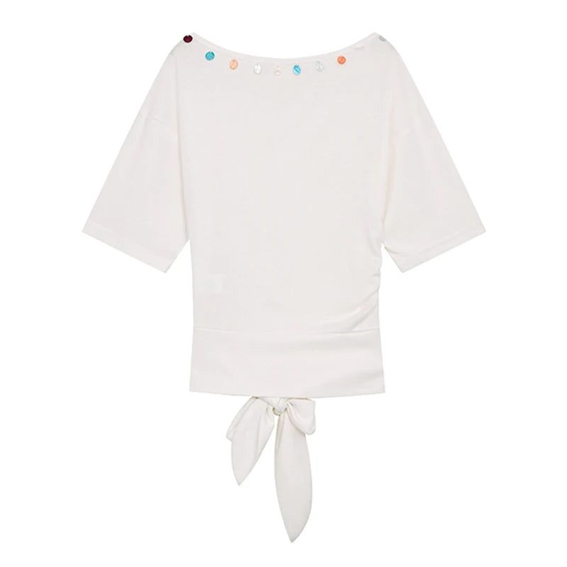 ELFSACK 2025 Summer New Arrivals Back Hollow Lace Up White Short Sleeve Chic T-Shirt For Women