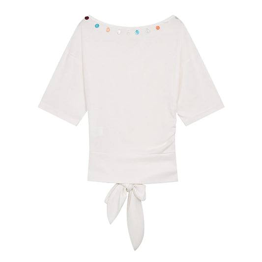 ELFSACK 2025 Summer New Arrivals Back Hollow Lace Up White Short Sleeve Chic T-Shirt For Women