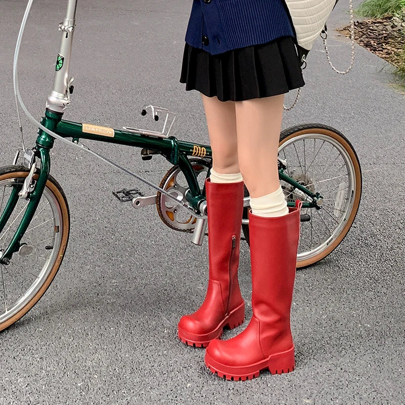 2025 New Platform Women Riding Boots Genuine Leather Knee-high Modern Rain Boots Outdoor Party Shoes