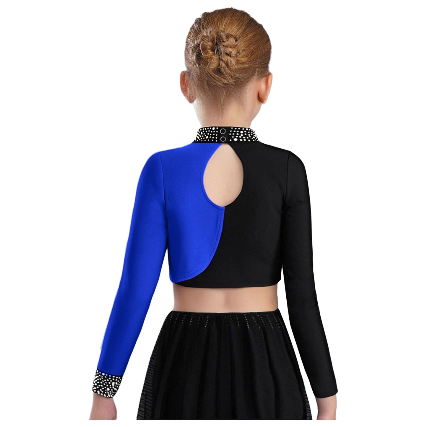 Kids Girls Lyrical Jazz Dance Costume Figure Skating Gymnastics Dancewear Long Sleeve Color Block Crop Top+Bell-Bottomed Pants