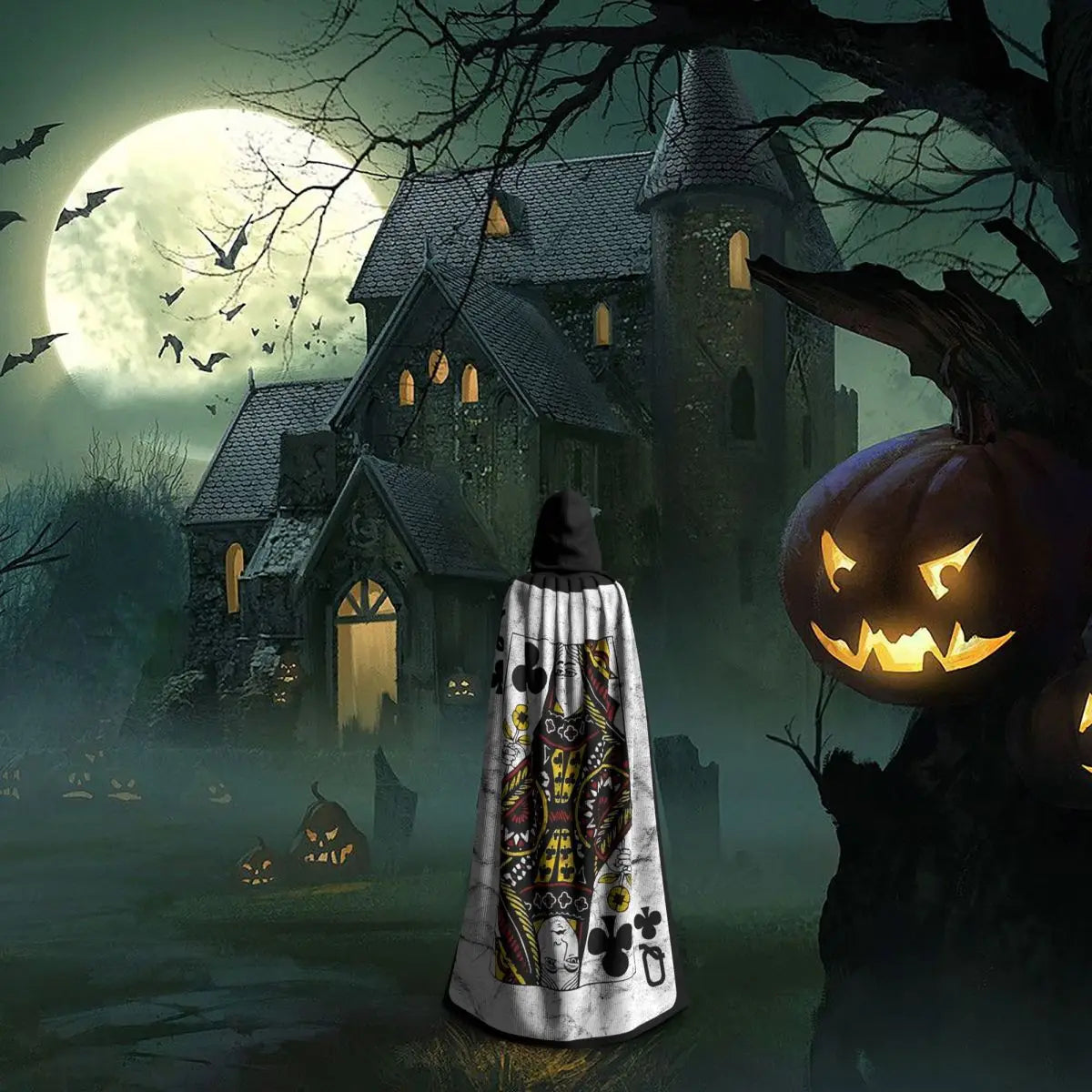 Playing Cards Queen Clubs distressed Design Long Hooded Cloak Witch Medieval Costume Cosplay Cape HalloweenVampire Adult Unisex