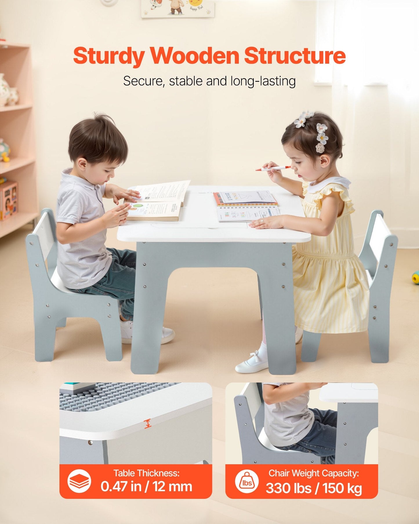 4 In 1 Kid Activity Table And 2 Chairs Set, Graffiti & Building Blocks