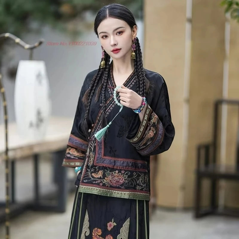 2025 traditional chinese vintage coat national flower embroidery improved v-neck folk jacket oriental satin jacquard hanfu tops