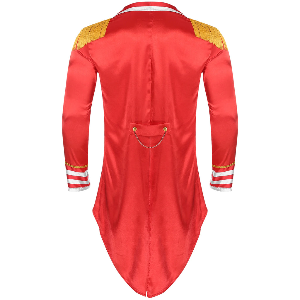 Men Circus Ringmaster Costume Halloween Lion Tamer Tailcoat Lapel Collar Long Sleeves Tassel Epaulets Satin Jacket Tail Coats